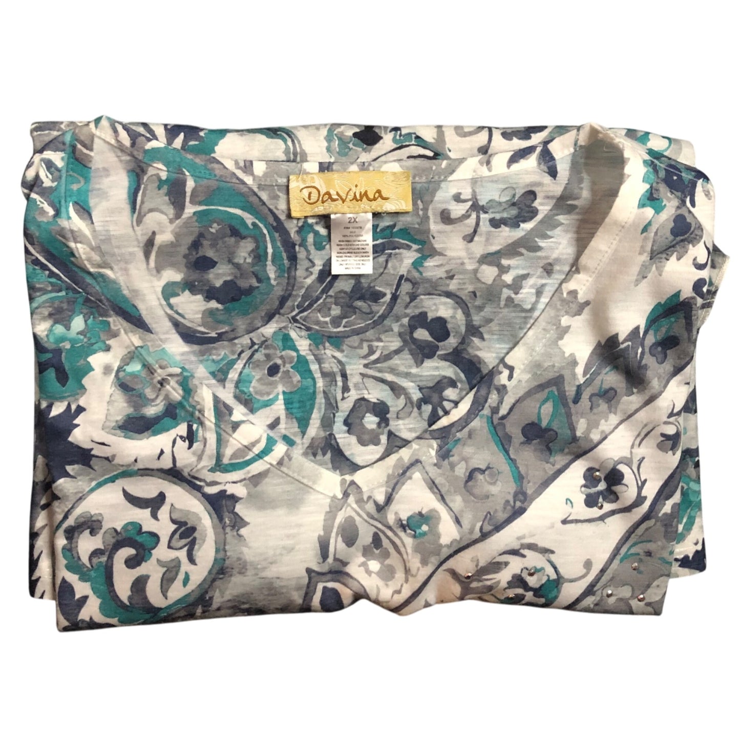 Paisley Print Short Sleeve Plus Size Top 2X By Davina Blue/Teal/Gray