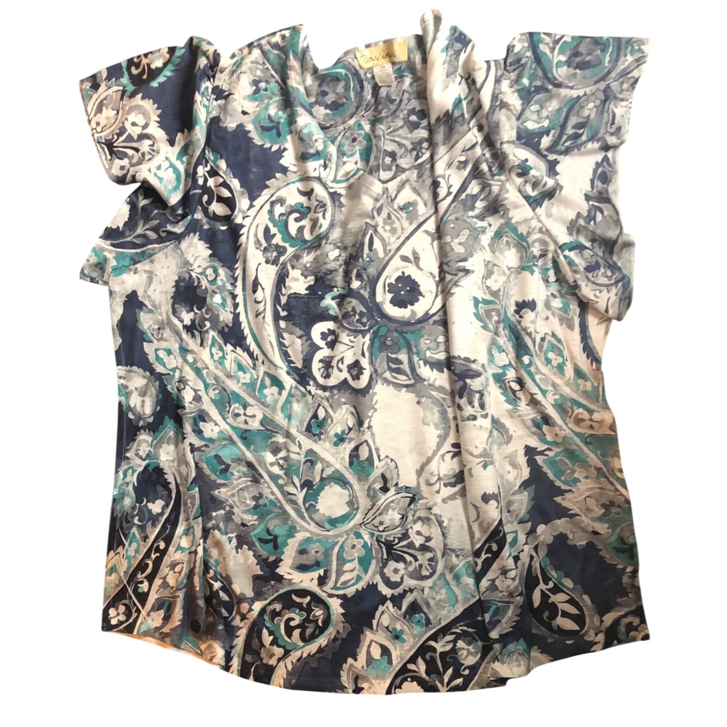 Paisley Print Short Sleeve Plus Size Top 2X By Davina Blue/Teal/Gray