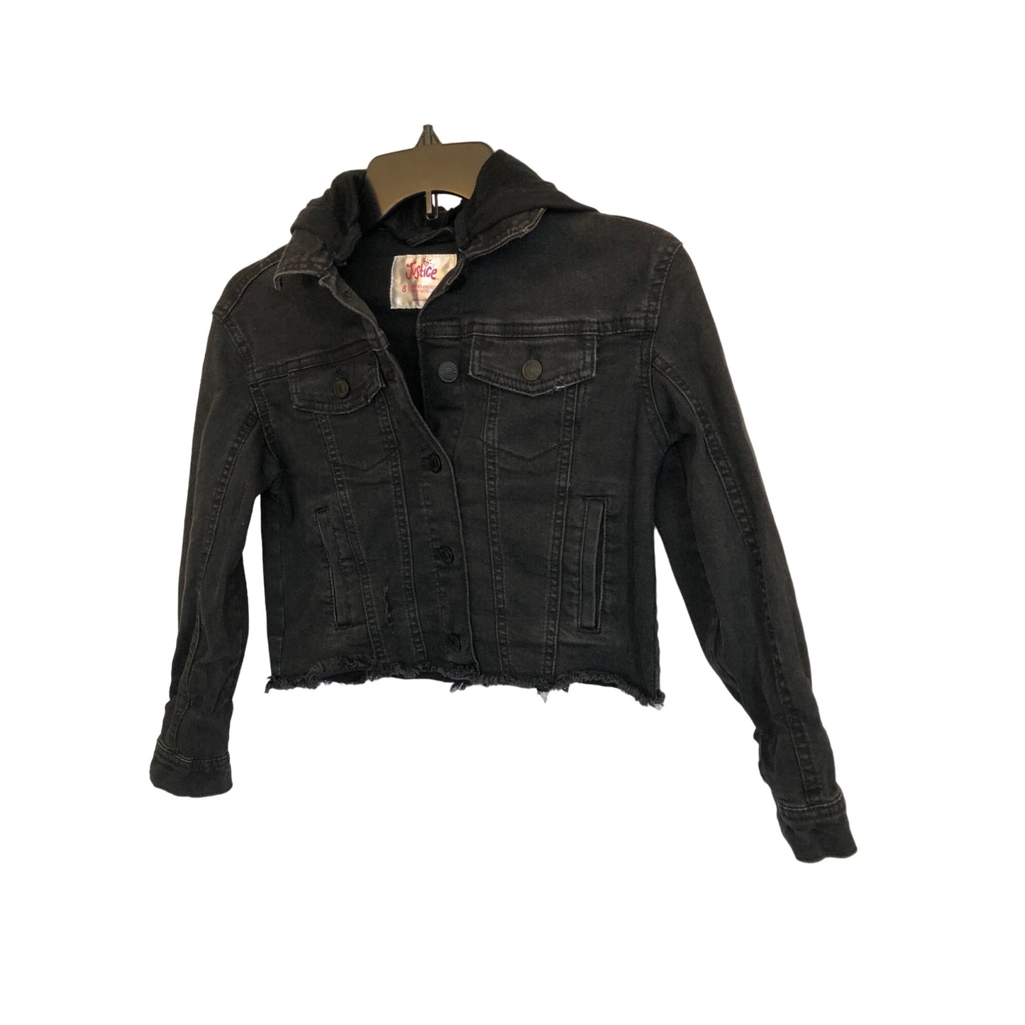 Justice Girl's Black Denim Hooded Jean Jacket Pre-Owned Size 8