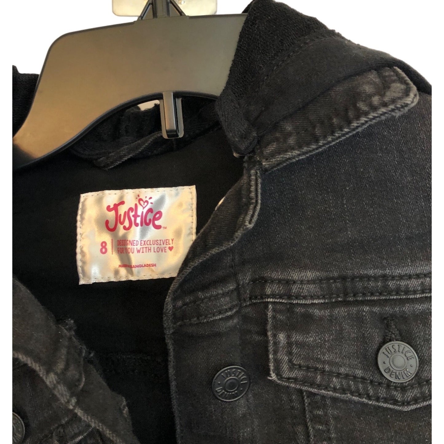 Justice Girl's Black Denim Hooded Jean Jacket Pre-Owned Size 8