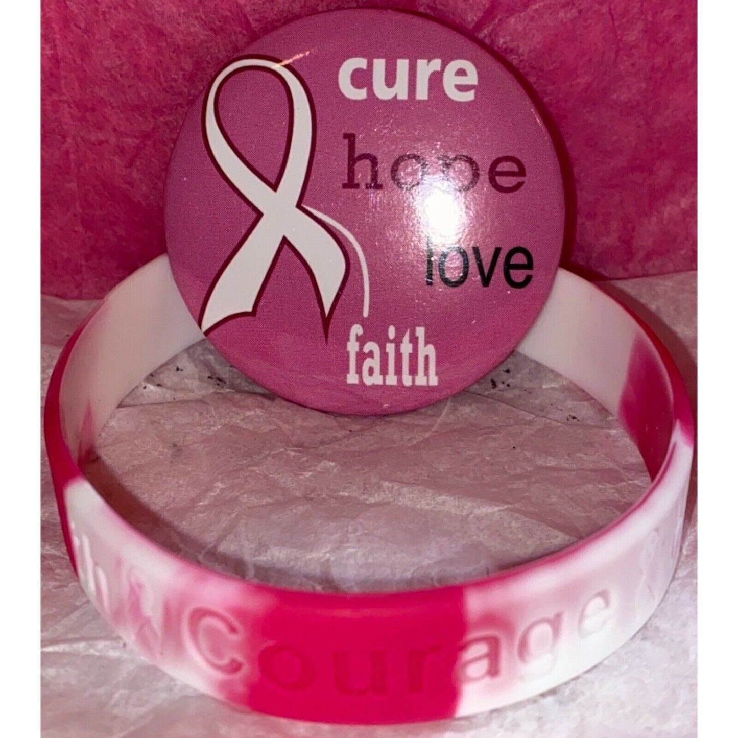 Breast Cancer Awareness Bracelet/Inspirational Button Pin Bundle - Variety Sales Etc.