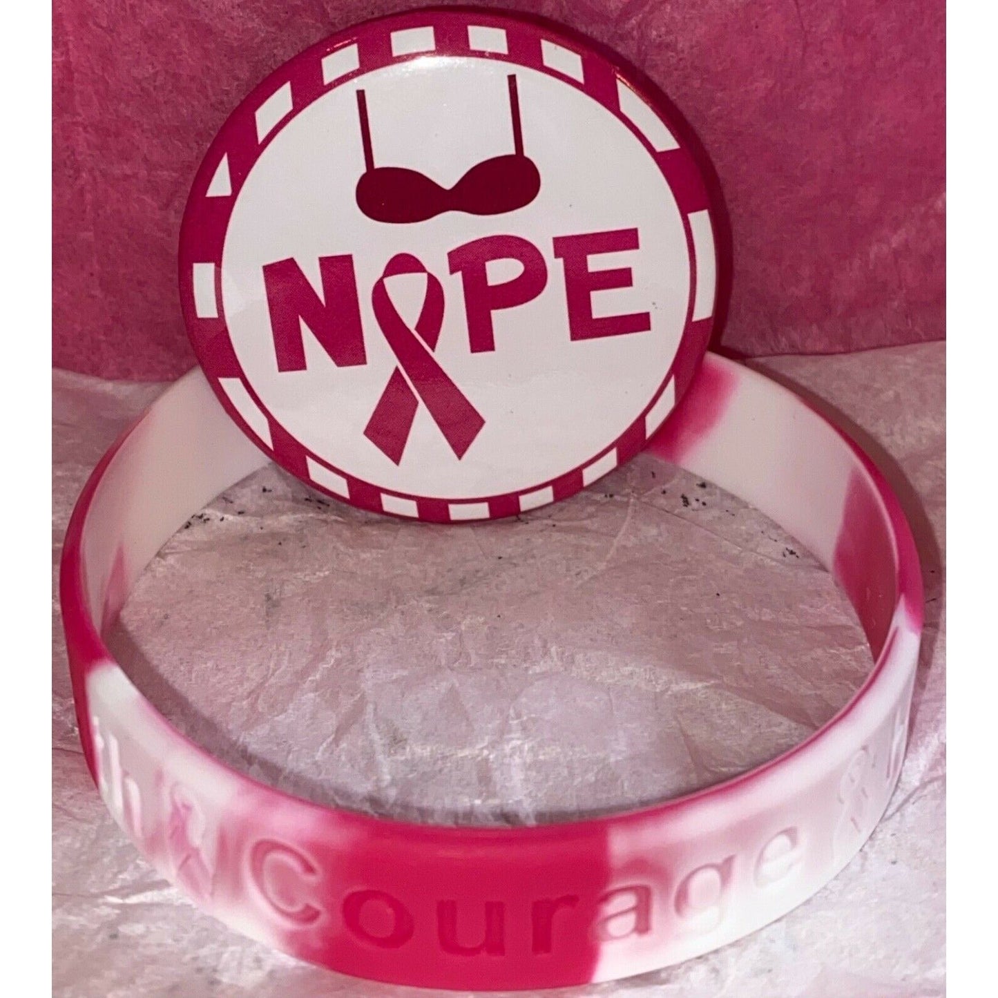 Breast Cancer Awareness Bracelet/Inspirational Button Pin Bundle - Variety Sales Etc.