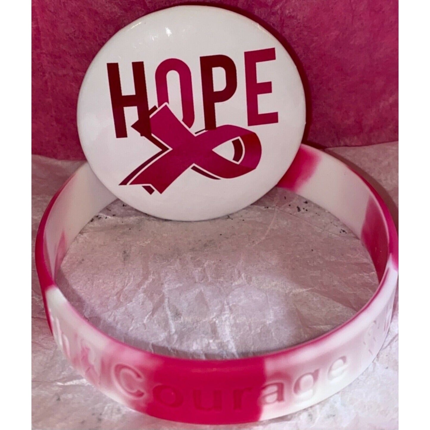 Breast Cancer Awareness Bracelet/Inspirational Button Pin Bundle - Variety Sales Etc.