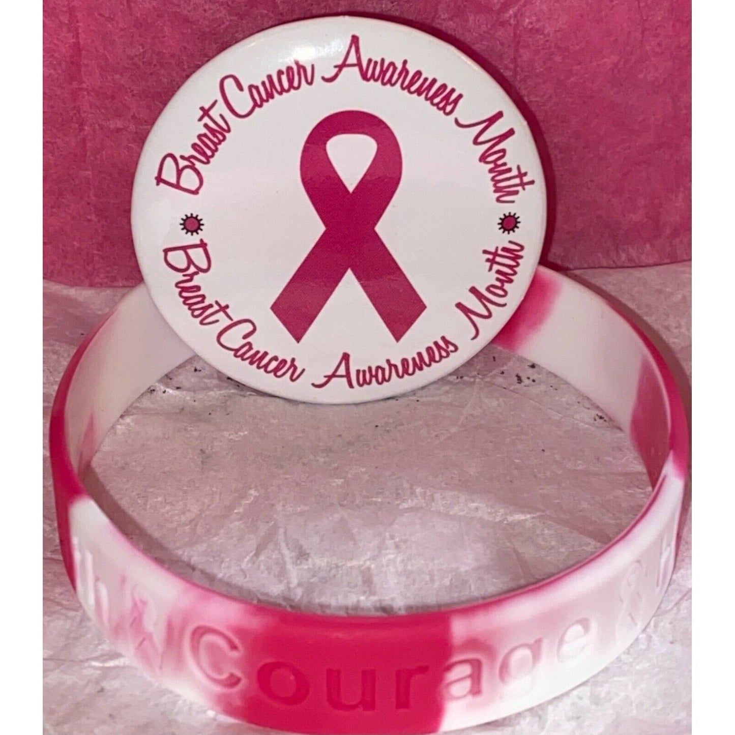 Breast Cancer Awareness Bracelet/Inspirational Button Pin Bundle - Variety Sales Etc.