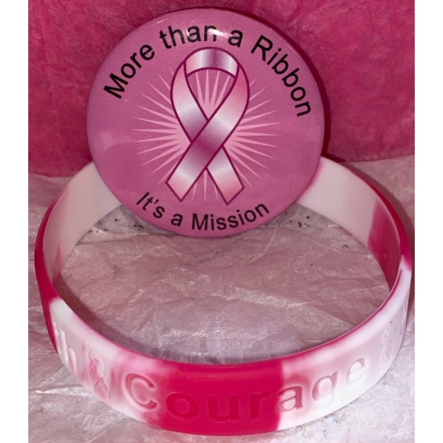 Breast Cancer Awareness Bracelet/Inspirational Button Pin Bundle - Variety Sales Etc.