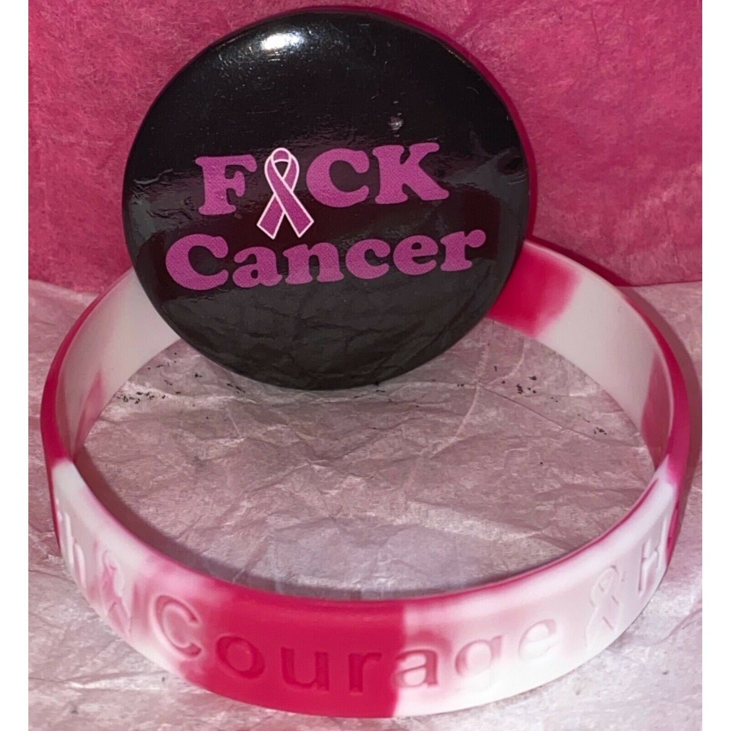 Breast Cancer Awareness Bracelet/Inspirational Button Pin Bundle - Variety Sales Etc.