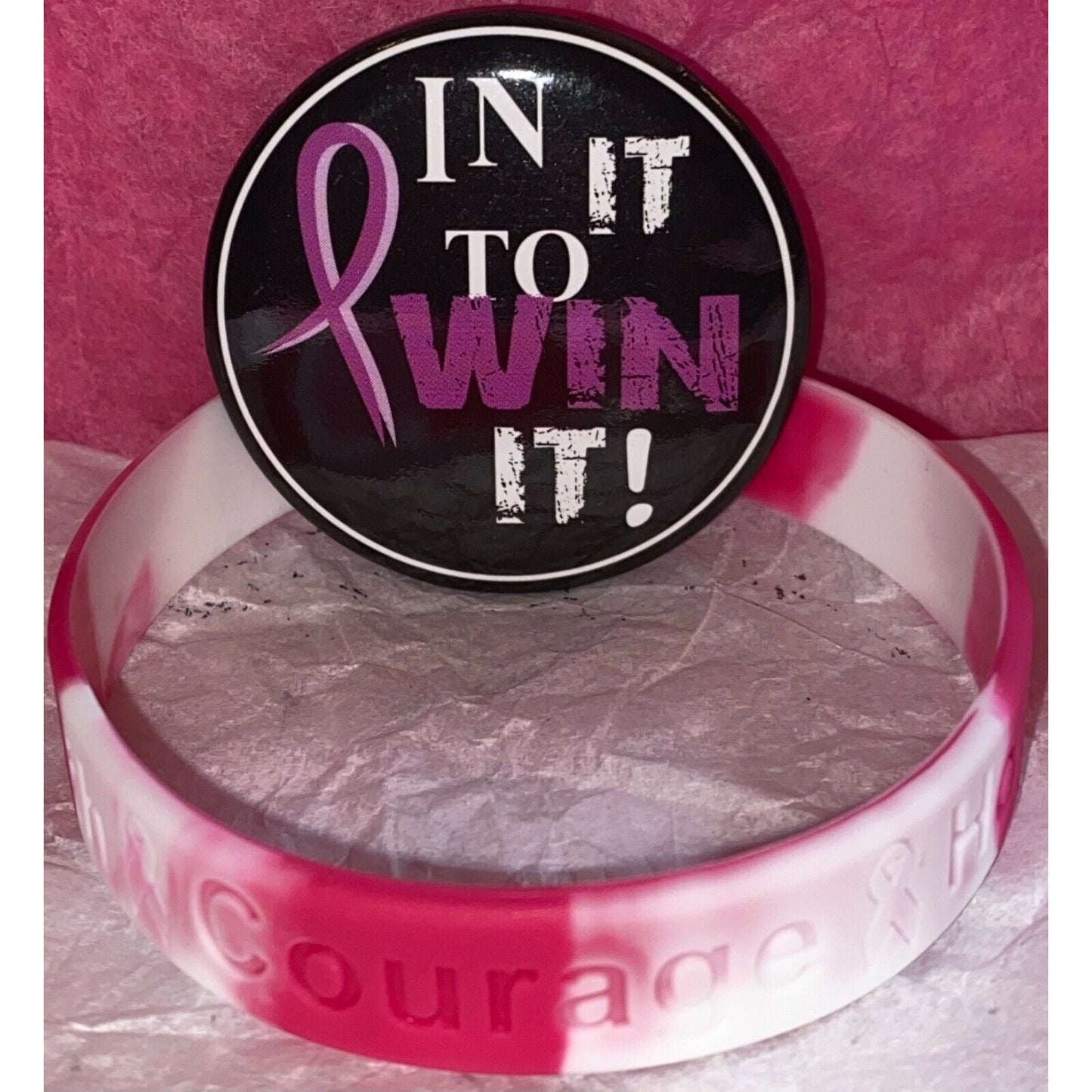 Breast Cancer Awareness Bracelet/Inspirational Button Pin Bundle - Variety Sales Etc.