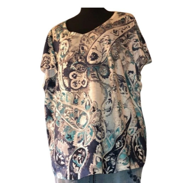 Paisley Print Short Sleeve Plus Size Top 2X By Davina Blue/Teal/Gray