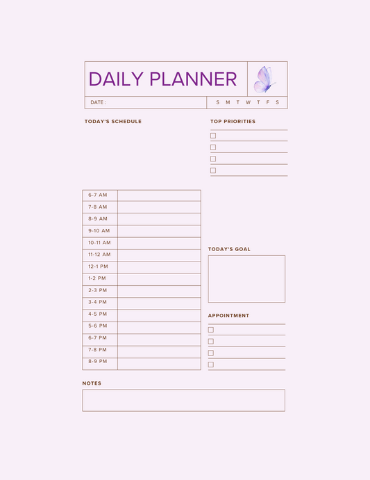Aesthetic Butterfly Design 8.5 x 11 Downloadable Daily Planner Page