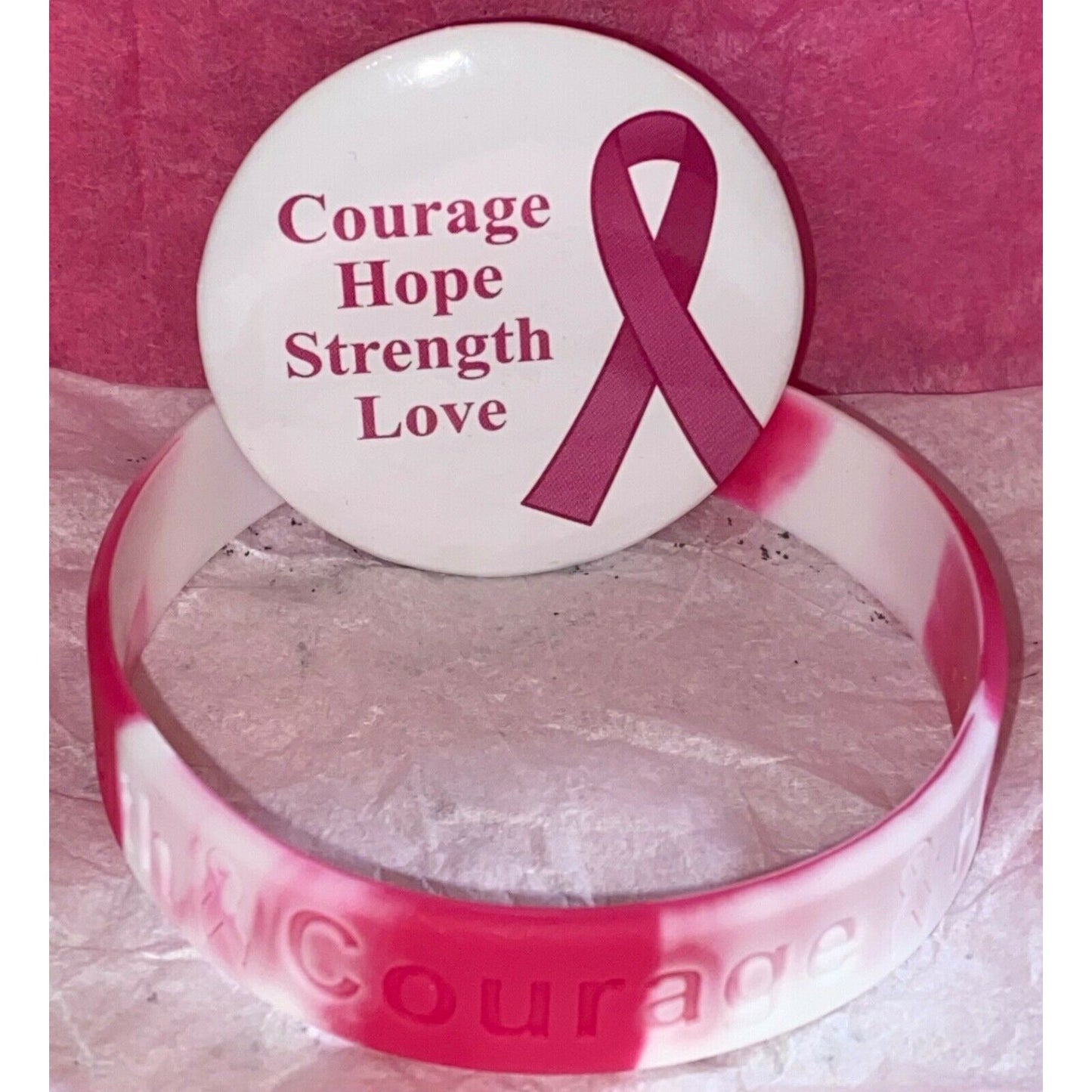Breast Cancer Awareness Bracelet/Inspirational Button Pin Bundle - Variety Sales Etc.